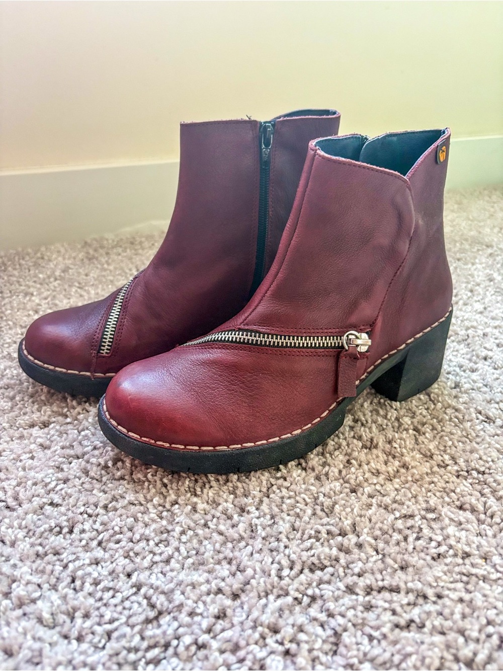 Women's Burgundy Leather Side-Zip Ankle Boots with Block Heel